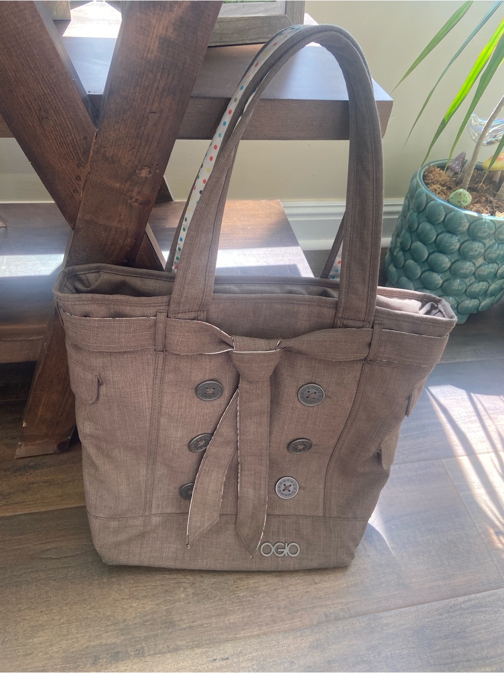 OGIO Brown Button-Accent Canvas Tote with Decorative Tie